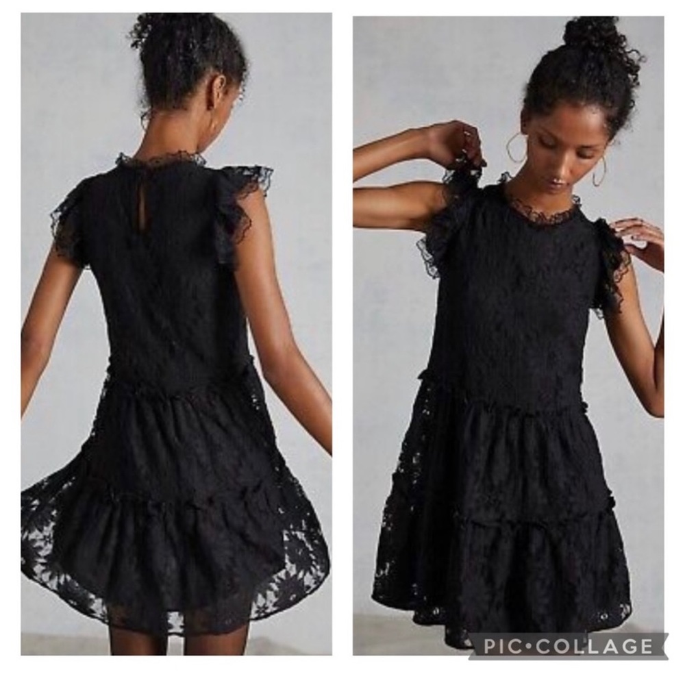 Anthropologie Blue Tassel Black Lace dress